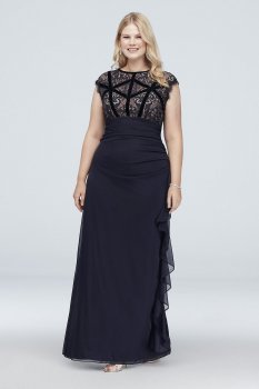 Velvet-Banded Lace and Chiffon Plus Size Gown A21037W