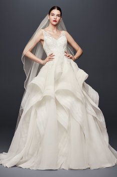 Truly Zac Posen Tank V-neck Lace Embroidered Floor Length Horsehair Tier Skirt Wedding Dress Style ZP34183