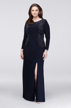 Plus Size Long Sleeve 4351303 Style Lace Appliqued Special Occasion Gown with Side Slit