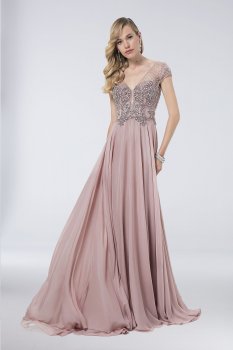Long A-line Chiffon Beaded Cap Sleeves 1711M3367 Party Gowns with Scoop Back