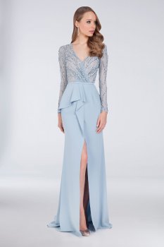 Beaded Long Sleeves and Bodice Sheath Special Occassion Gown with Asymmetric Peplum Style 1611M0635
