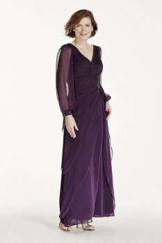 Long Sleeve Chiffon Dress with Beaded Bodice Style 3225