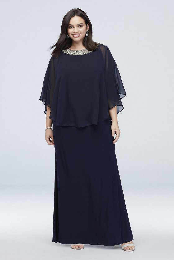 Jersey Plus Size Capelet Dress with Beaded Neck 2328DW