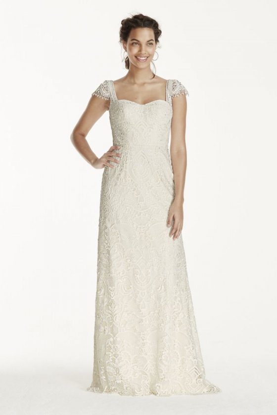 Extra Length Beaded Cap Sleeve Lace Wedding Dress Style 4XLMS251122
