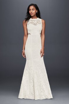 Simple Pattern DB9799 Style Long Lace Trumpet Wedding Dress with Illusion Cutouts