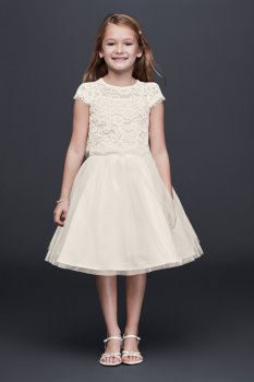 Short Sleeves Knee Length Lace and Tulle Two-Piece Flower Girl Dress LF0693DB