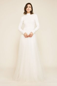 Charming Long Sleeves Lace and Tulle Bridal Gown with High Neck Style BGF19135LBR