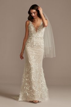 3D Leaves Applique Lace V-Neck Wedding Dress MS251223