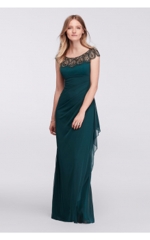 Gorgeous Long Cap Sleeve Party Dress With Unique Beaded Neckline XS7761