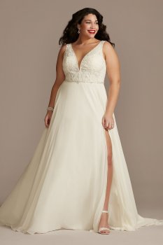 Applique Plunge Chiffon Plus Size Wedding Dress Galina Signature 9LBSWG842