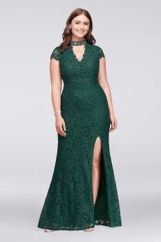 Glitter Lace Plus Size Gown with Gem Neckline Style 3487BJ3W