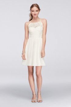 Short Spaghetti Straps Lace and Chiffon C66891HVS Dress with Button Back Detail