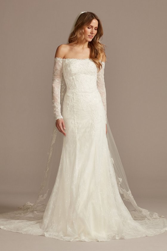 Long Sleeve Off Shoulder Sequin Lace Wedding Dress SWG874