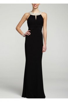 Sleeveless Long Jersey Dress with Jeweled Neckline Style 262702D
