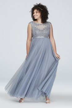 Plus Size Gown with Lace Bodice and Satin Belt 8145WA7W