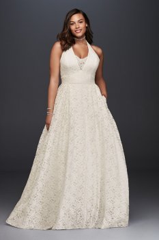 Plus Size 9WG3844 Halter Neck Lace Bridal Ball Gown