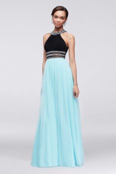 2017 Fashion Two-tone Halter Neck A-line Skirt Dress 57084 with Illusion Beaded Waist