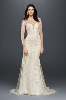 7SWG762 Style Petite Long Sleeve Illusion Lace Appliqued Wedding Dress