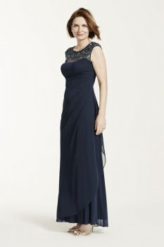Cap Sleeve Long Jersey Dress with Beaded Neckline Style XS5531