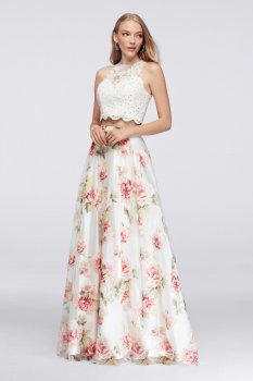 Two Pices DB41771 Style Lace Top and Floral Skirt Party Gown