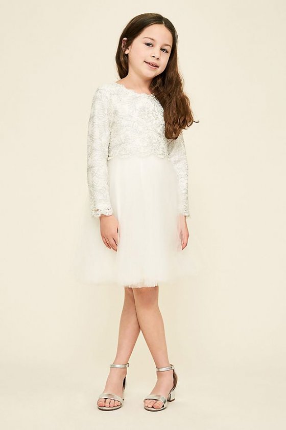 Long Sleeve Lace and Tulle Flower Girl Dress KAUL16590M