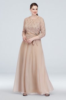 3/4 Sleeve Glitter Lace Plus Size Gown with Sash 960545W