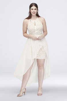 Lace Keyhole Plus Size Halter Dress with Overskirt 12163W