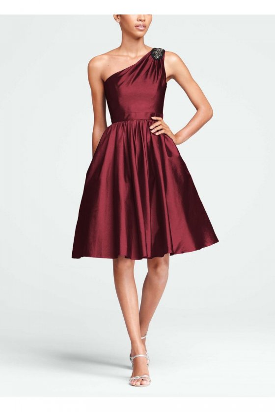 Short One Shoulder Taffeta Dress with Beading Style F15409