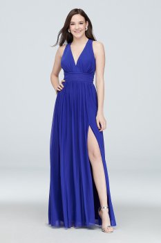 Stretch Mesh V-Neck Gown with Open Back Detail Haute Nites 130358