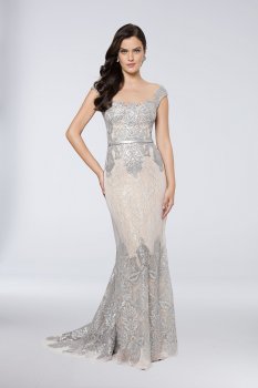 Elegant New Sequined Tulle-Over-Lace Sheath Gown Style 1713M3505 with Cap Sleeves