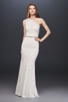 Elegant One-shoulder Gliter Lace Sheath Bridal Dress Style 183668DB