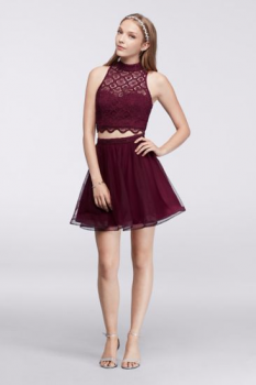 Mock Neck Two Piece 4031RY8P Style Homecoming Dress with Lace Top and Mesh Skirt