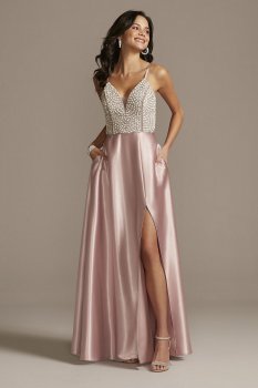 X44451DQ96 Plunging-V Beaded Bodice Satin Prom Party Gown