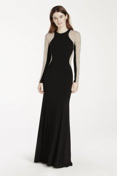 Long Jersey Dress with Illusion Beaded Sleeves Style XS6649