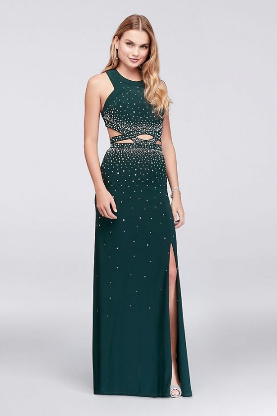 Jeweled Jersey Halter Gown with Cutout Waistline 12462