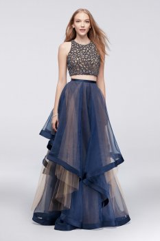 Stunning New Fashion Two Pieces Layered Organza Skirt and Beaded Bodice Prom Gown Style DL300