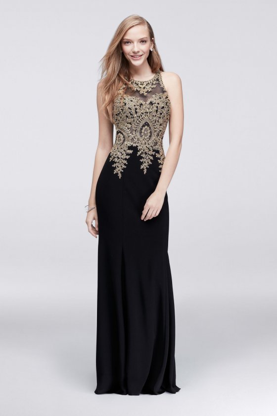 Charming Long Column Gold-Embroidered Jersey Dress with Illusion Back Style XS9255