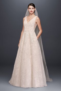 Appliqued Tulle-Over-Lace A-Line CWG792 Wedding Dress with V Neckline