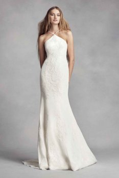 Elegant Halter Neck Long Sheath Lace Appliqued Wedding Gowns VW351346