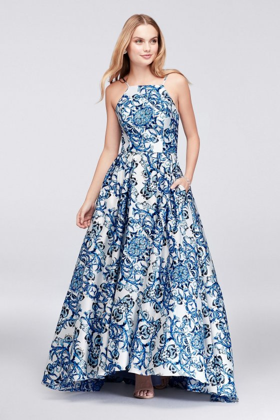 Printed Satin Halter Lace-Up Back Long Prom Ball Gown Style A20626