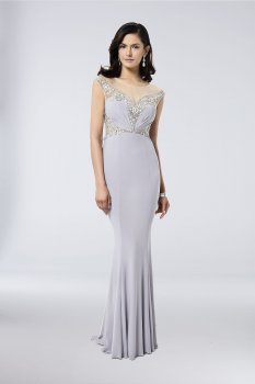 New Beads Embellished Long Fitted Jersey Party Gown Style 1711M3381 with Illusion Neckline