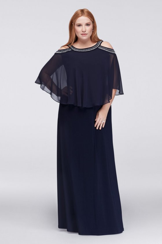 Plus Size Cold Shoulder Caplet Floor Length Elegant Chiffon Mother of the Bride Dress Style 43513531 By Alex Evenings