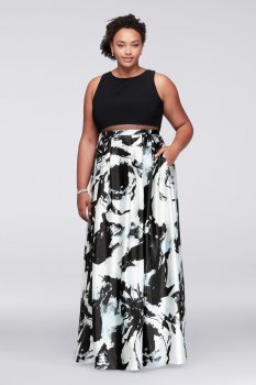 Plus Size Mock Two Pieces A16450W Prom Dress with Printed Skirt