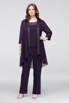 2018 New Style Chiffon Plus Size Pantsuit with High-Low Jacket Le Bos 25799