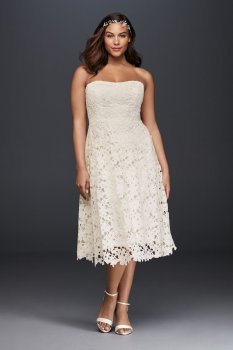 Plus Size Strapless Floral LaceTea Length Wedding Dress Style 9KP3784