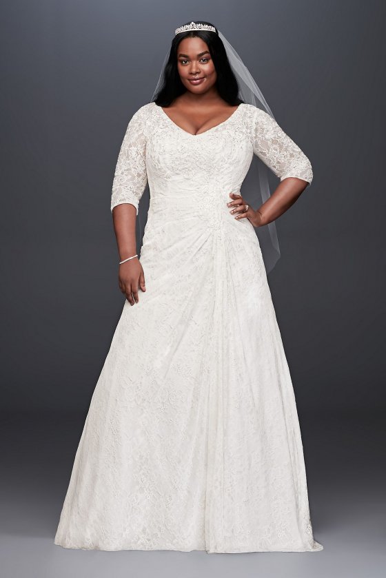 Plus Size Asymmetrical Draped Lace Wedding Dress Style 9WG3896 with Half Sleeves