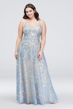 Plus Size Gown with Skinny Straps and Lace Overlay W37252TFB