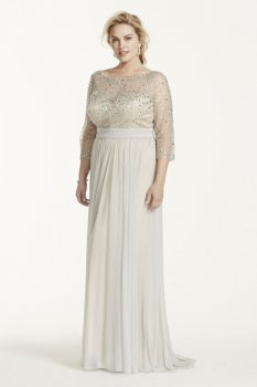 3/4 Sleeve Beaded Bodice with Long Mesh Skirt Style M2210W