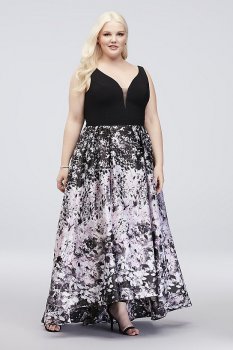 V-Neck Plus Size Ball Gown with Floral Print Skirt 1062XW