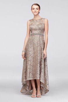 Sequined Lace High-Low Dress with Beaded Waist 3770